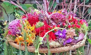 Centro de mesa con variedad de flores coloridas.